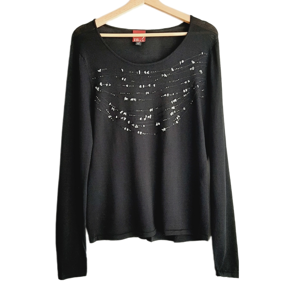 🍒 BLU'S Elegant Bead Embellished Scoop Neck Black Fine Knit Top Sz L *Damage